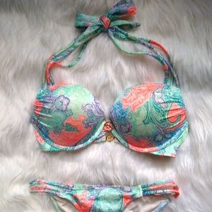 Victoria's Secret Bombshell Swim Bikini~32D/SM~Coral Blue Paisley Splash!